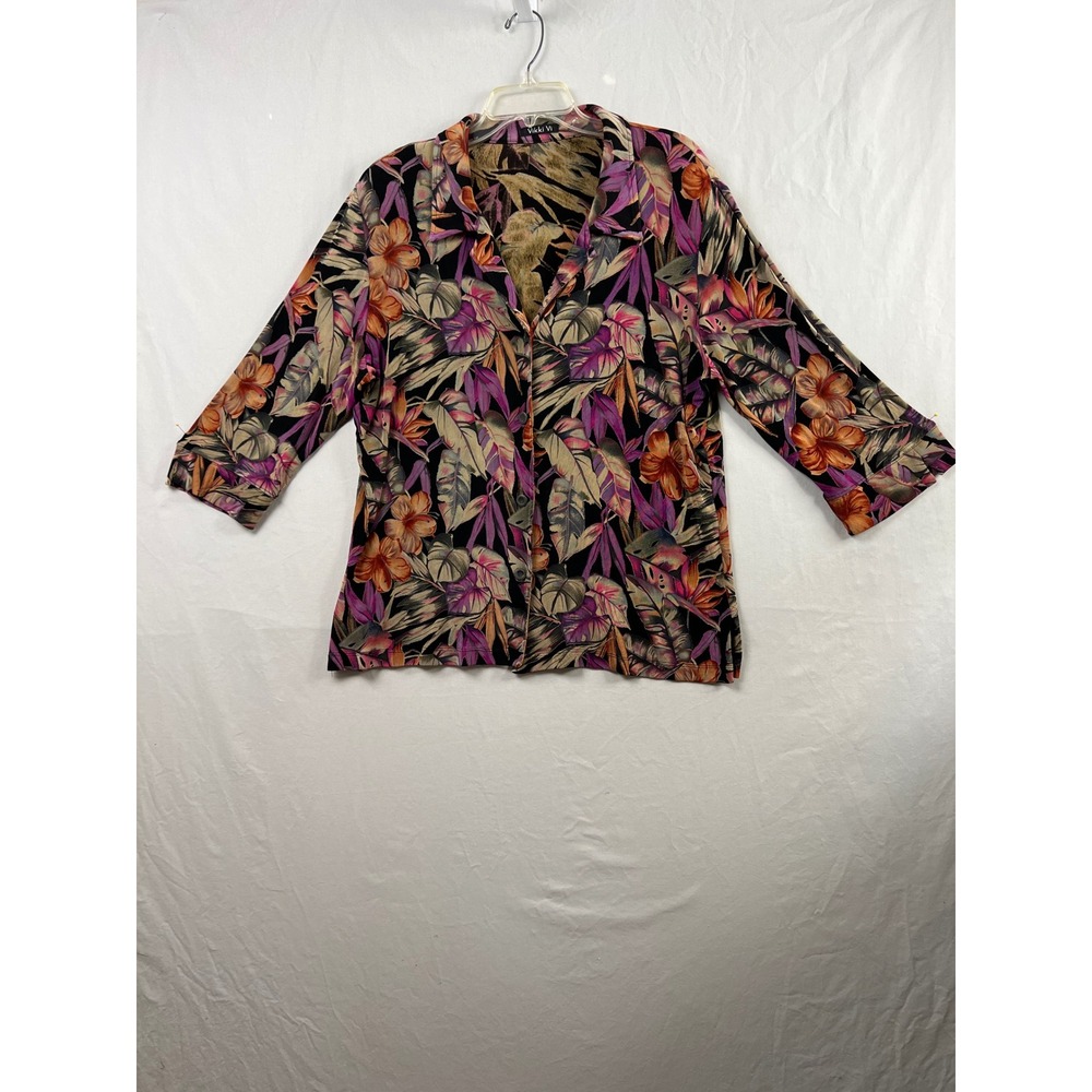 Vikki Vi Blouse Women 1X Black Tropical Floral 3/4 Sleeve Button Up Slinky Knit